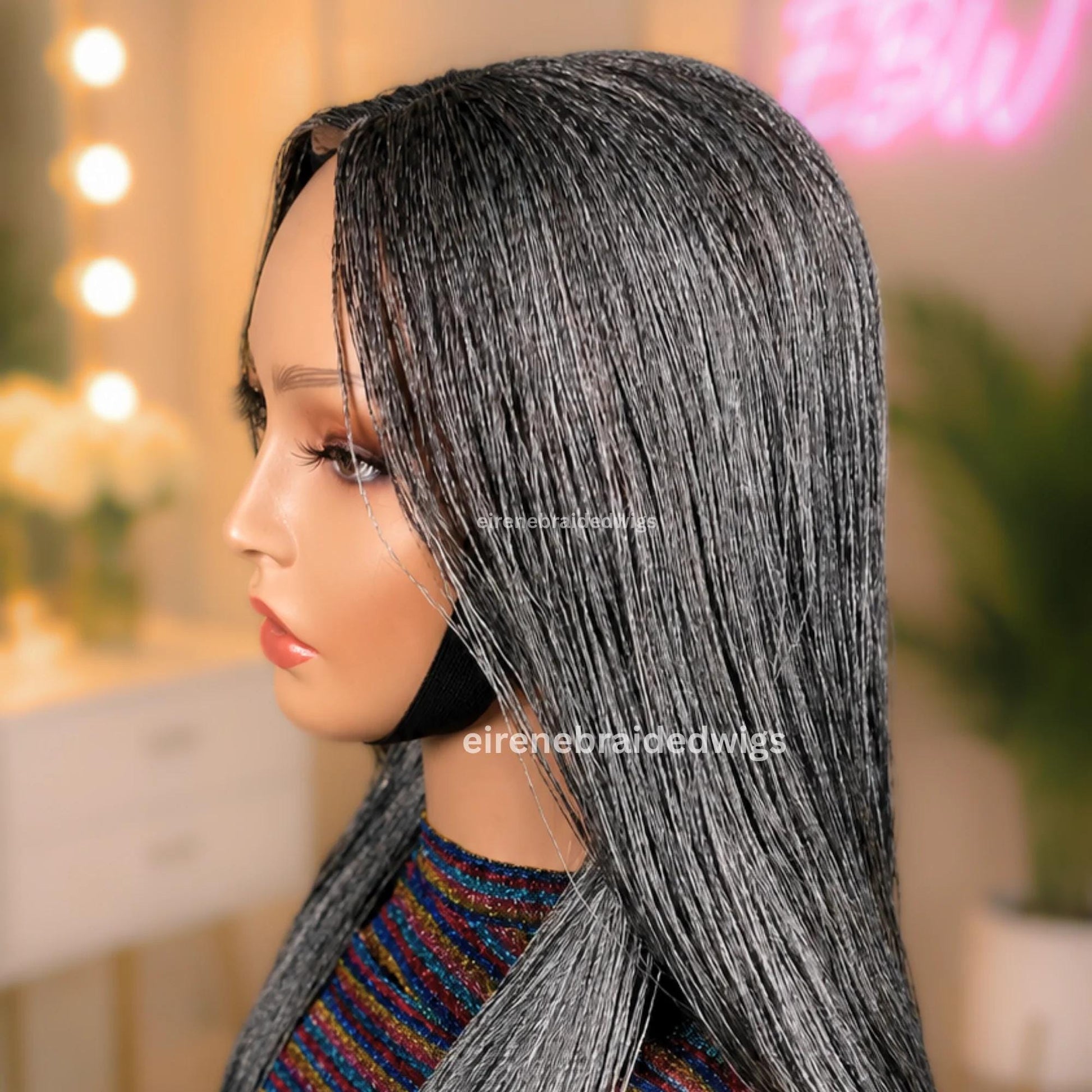 30 inch Twist Human Hair Wig – Lace Closure Nano Braids – Silver / Black/Grey / Salt add Pepper Million Braids – product image 6