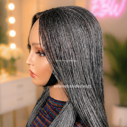 30 inch Twist Human Hair Wig – Lace Closure Nano Braids – Silver / Black/Grey / Salt add Pepper Million Braids – product image 6