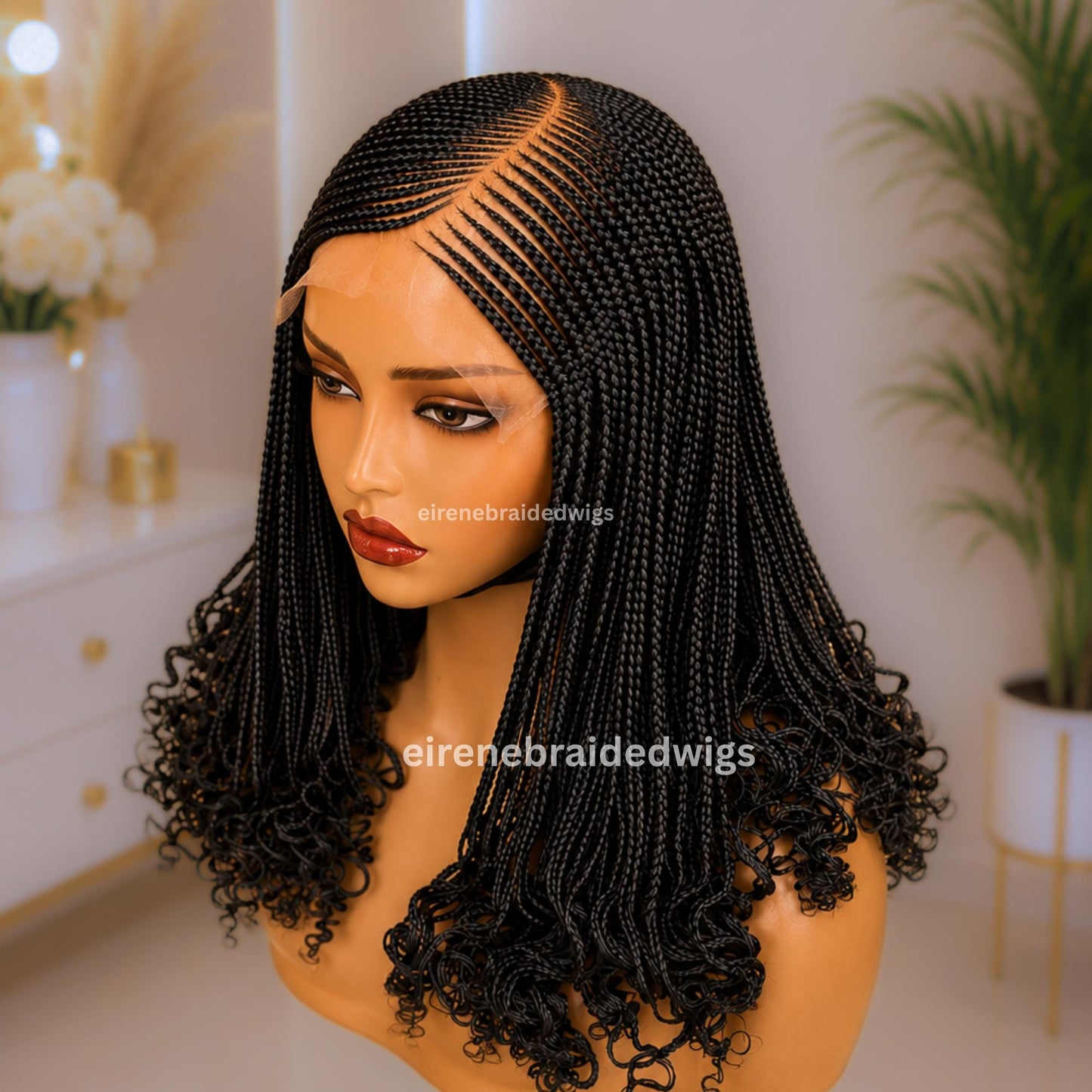 Braided Wig for Black Women – Black Curly Curved Lace Closure Cornrow Wig – product image 1