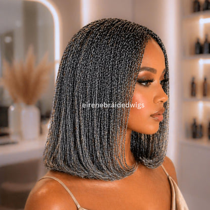Braided Wigs for Black Women – Micro Twist Bob Braids Wig – 12 inch Lace closure Short Bob Wig – Silver Wig – Salt and Pepper – – product image 1