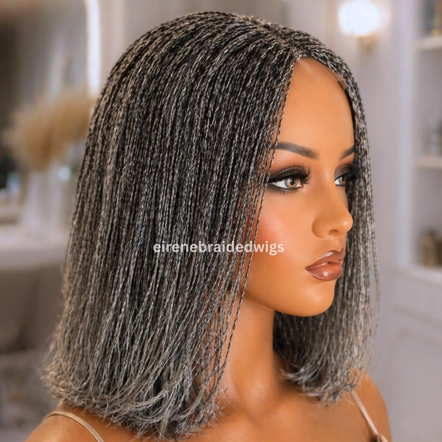 Braided Wigs for Black Women – Micro Twist Bob Braids Wig – 12 inch Lace closure Short Bob Wig – Silver Wig – Salt and Pepper – – product image 3