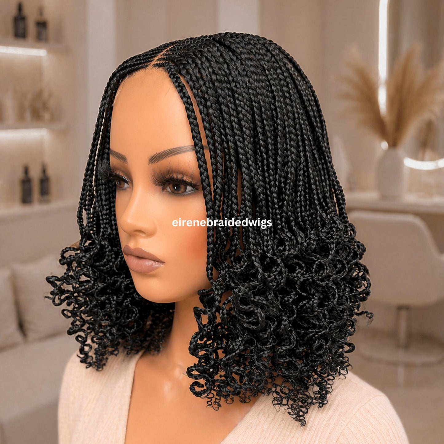 Braided Wig for Black Women – Brown Curly Short Bob Lace Closure Braids Wig – Fulani Cornrow Full Density Black Curly Cig – product image 9