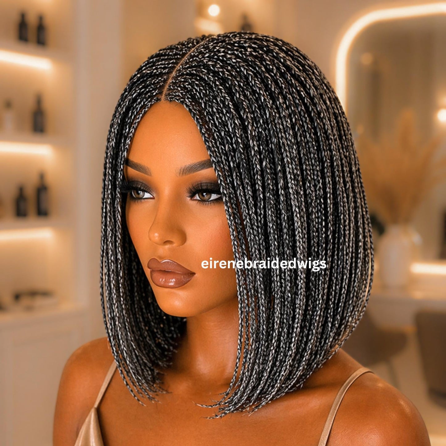 Braided Wigs for Black Women – Micro Twist Wig – Lace closure Short Bob Wig – Silver Wig – Salt and Pepper – Grey/Black Mix – product image 3