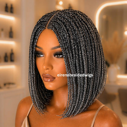 Braided Wigs for Black Women – Micro Twist Wig – Lace closure Short Bob Wig – Silver Wig – Salt and Pepper – Grey/Black Mix – product image 3