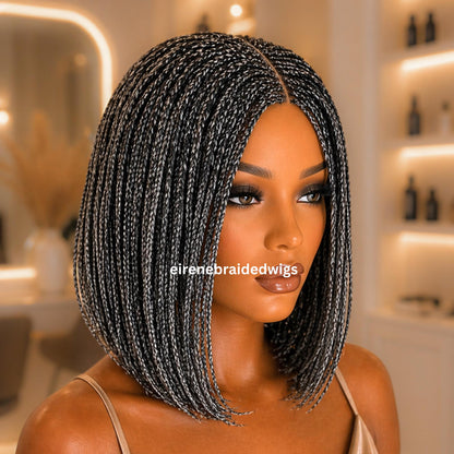 Braided Wigs for Black Women – Micro Twist Wig – Lace closure Short Bob Wig – Silver Wig – Salt and Pepper – Grey/Black Mix – product image 1