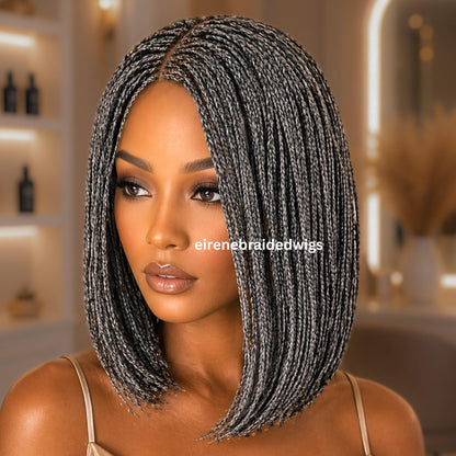 Braided Wigs for Black Women – Micro Twist Wig – Lace closure Short Bob Wig – Silver Wig – Salt and Pepper – Grey/Black Mix – product image 6