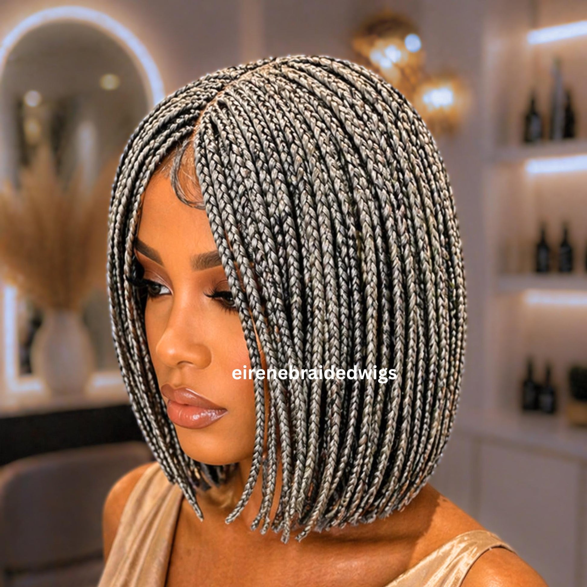 Braided Wigs for Black Women – Micro Twist Wig – Lace closure Short Bob Wig – Silver Wig – Salt and Pepper – Grey/Black Mix – product image 7