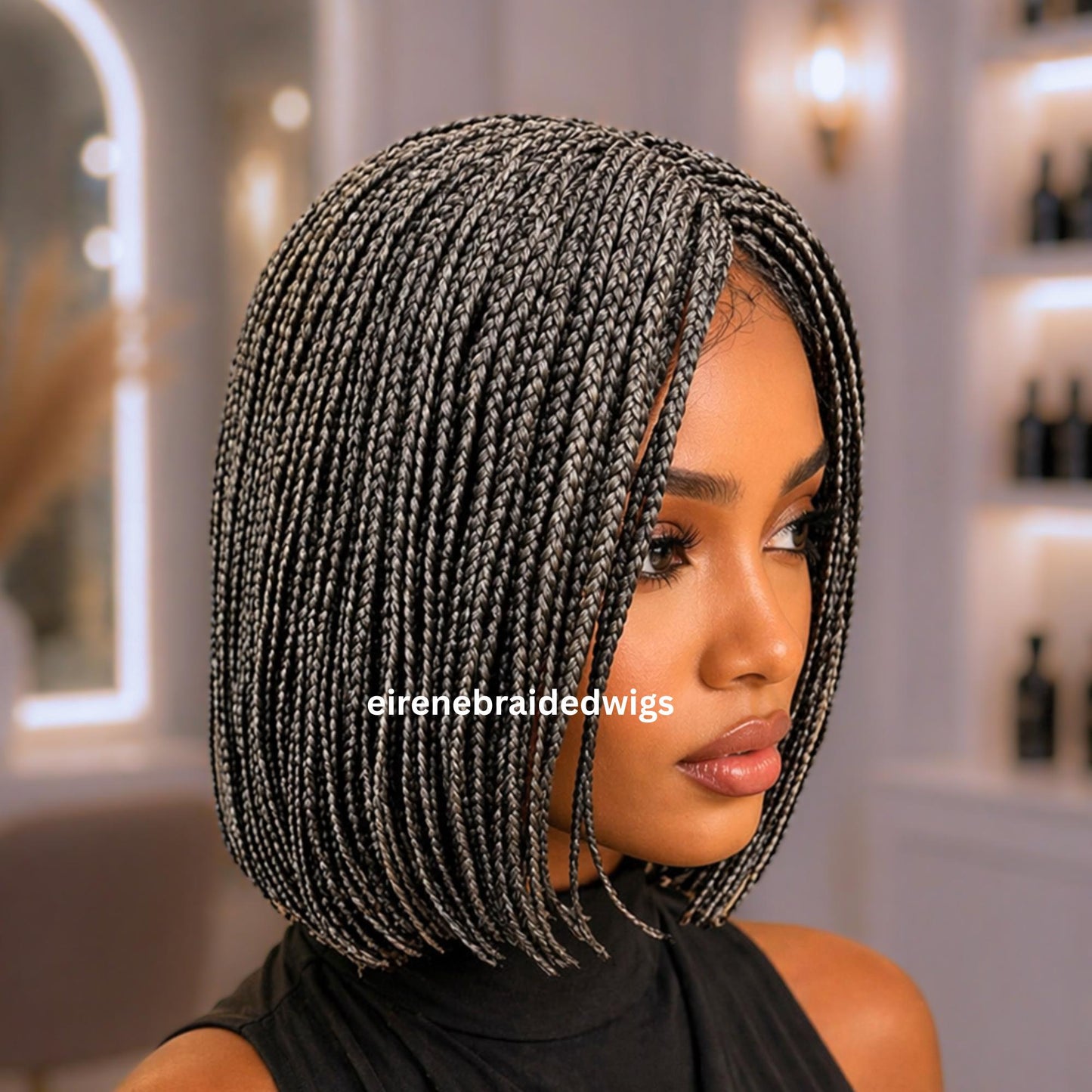 Braided Wigs for Black Women – Micro Twist Wig – Lace closure Short Bob Wig – Silver Wig – Salt and Pepper – Grey/Black Mix – product image 4