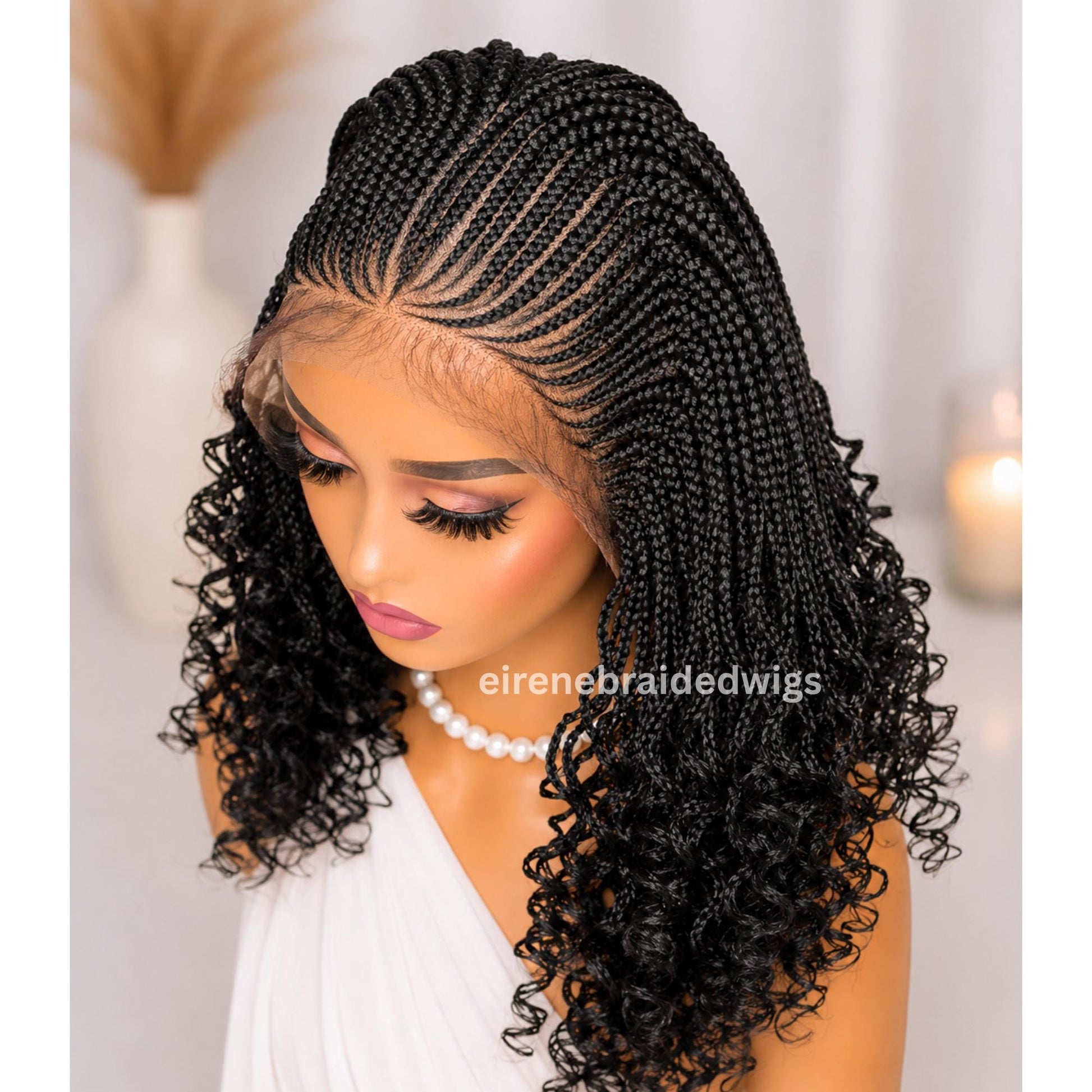 Braided Wig for Black Women – Curly Short Bob Lace Frontal Braids Wig – Fulani Cornrow Full Density Black Curly Wig – product image 1