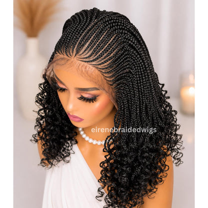Braided Wig for Black Women – Curly Short Bob Lace Frontal Braids Wig – Fulani Cornrow Full Density Black Curly Wig – product image 1