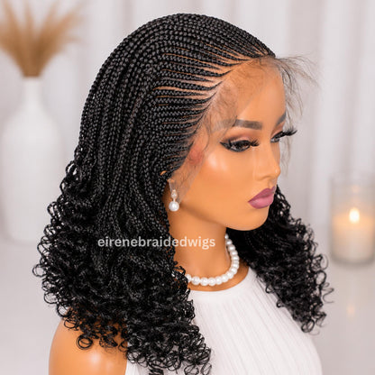 Braided Wig for Black Women – Curly Short Bob Lace Frontal Braids Wig – Fulani Cornrow Full Density Black Curly Wig – product image 2