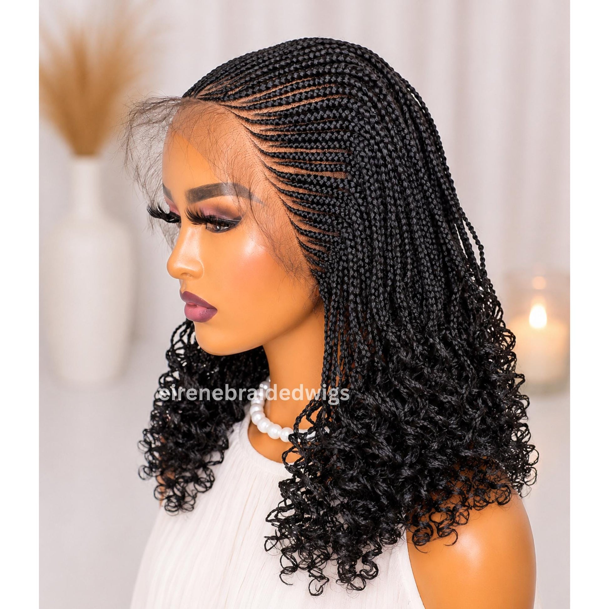 Braided Wig for Black Women – Curly Short Bob Lace Frontal Braids Wig – Fulani Cornrow Full Density Black Curly Wig – product image 3