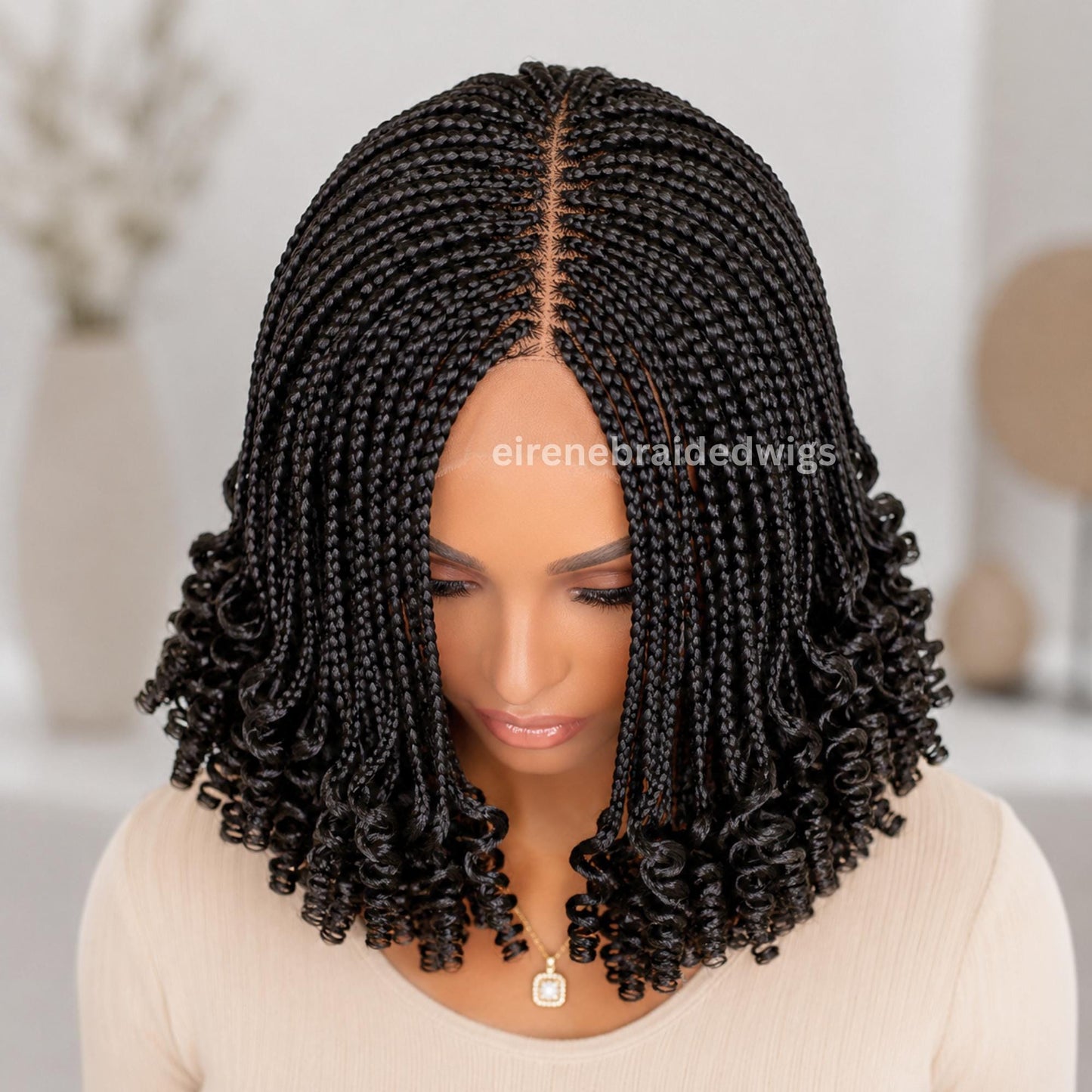 Braided Wigs for Black Women Curly Braided Wig – Short Bob – Lace Front – Fulani Ghana Weave – product image 1