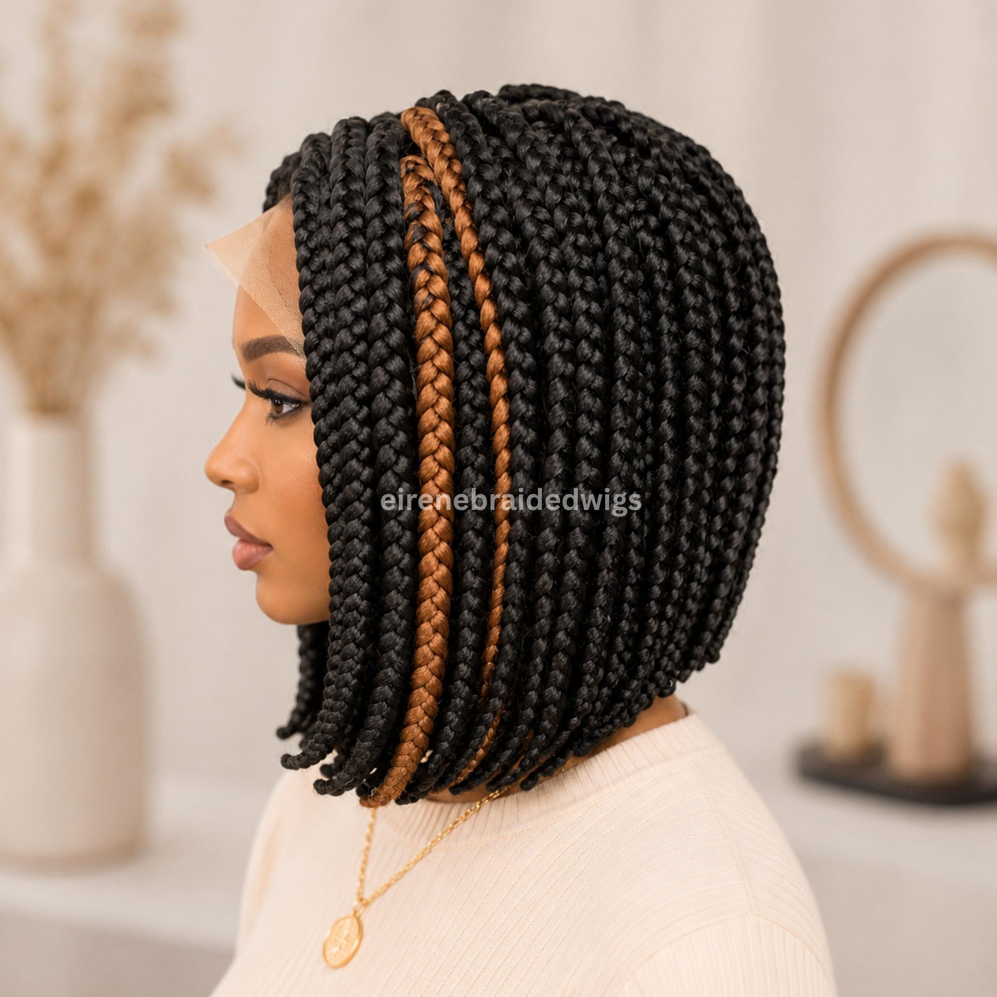 Braided Wigs for Black Women Short Bob Box Braids Wig – Black & Gold Lace Front Wig – product image 3