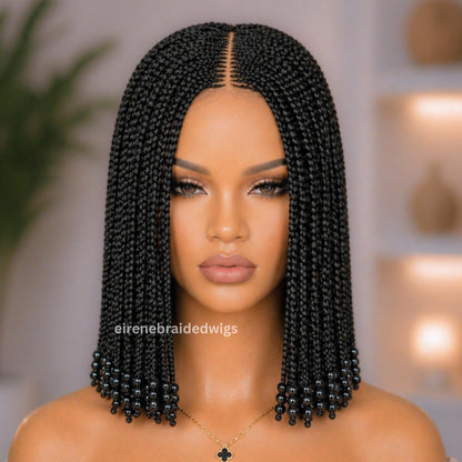 Short Bob Braided Wig for Black Women – Braids With Beads – Middle Part 14inch Lace Closure Wig – product image 2