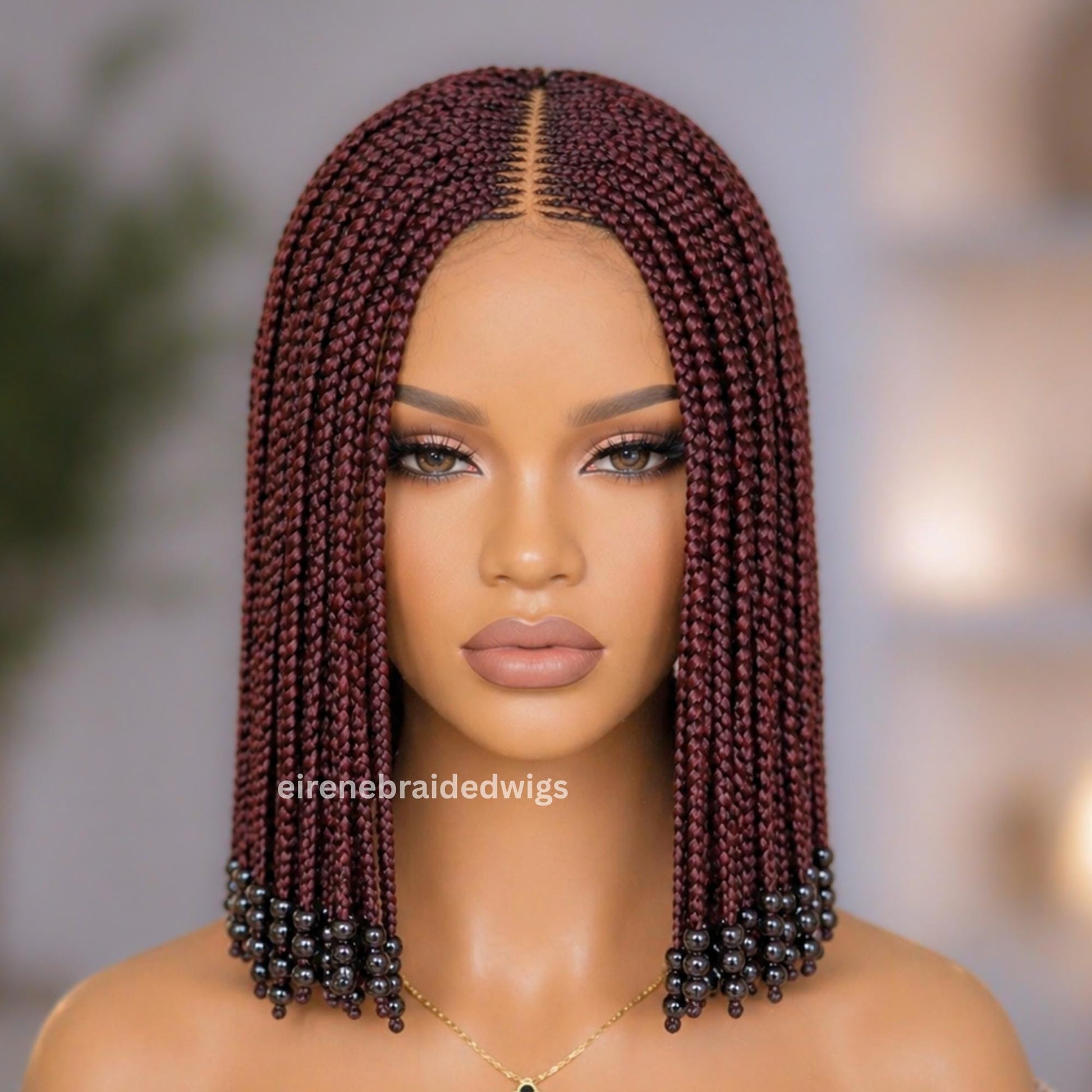 Short Bob Braided Wig for Black Women – Braids With Beads – Middle Part 14inch Lace Closure Wig – product image 1
