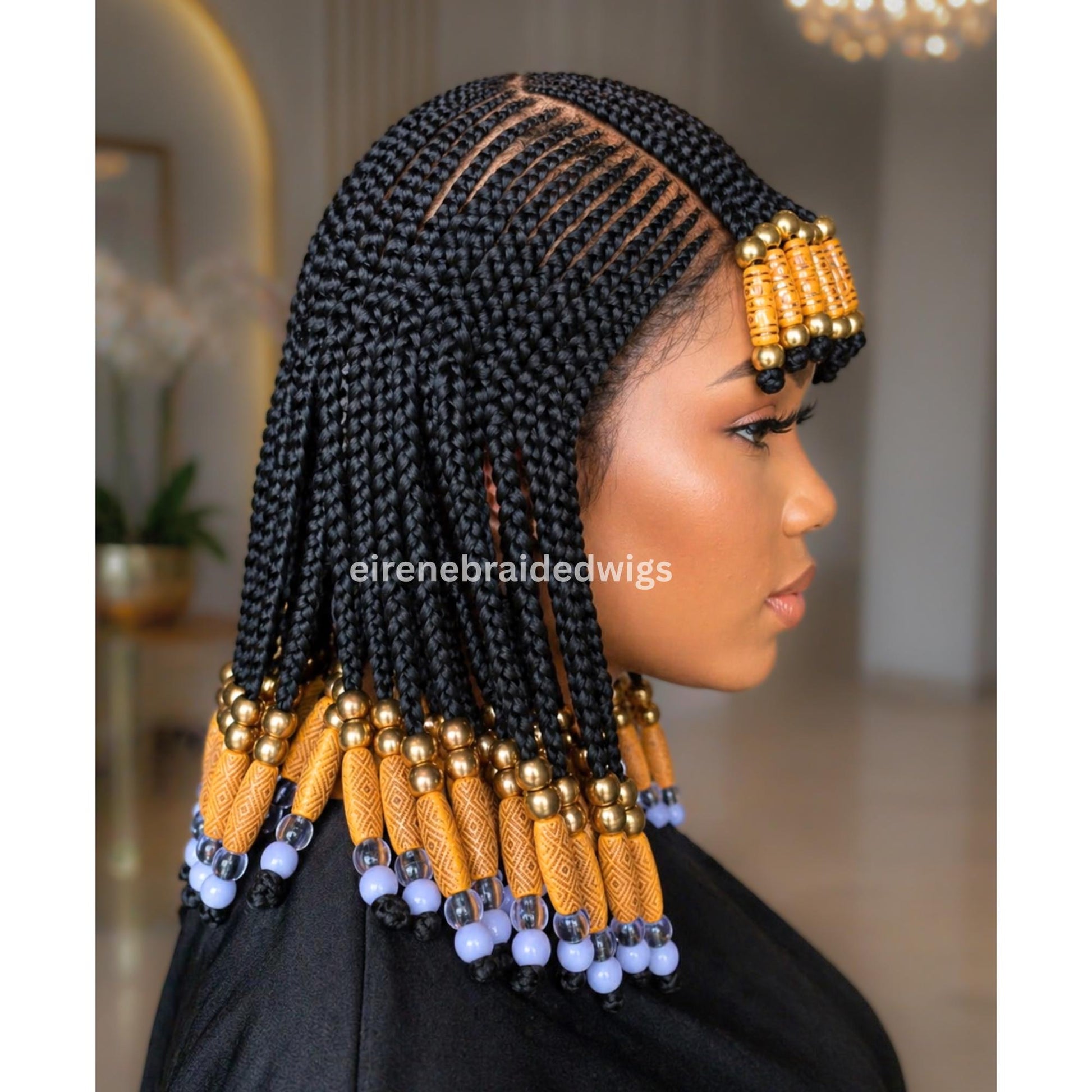Braided Wigs for Black Women Beaded Braided Wig with Bangs – 14-inch Bob – Lace Frontal – product image 2