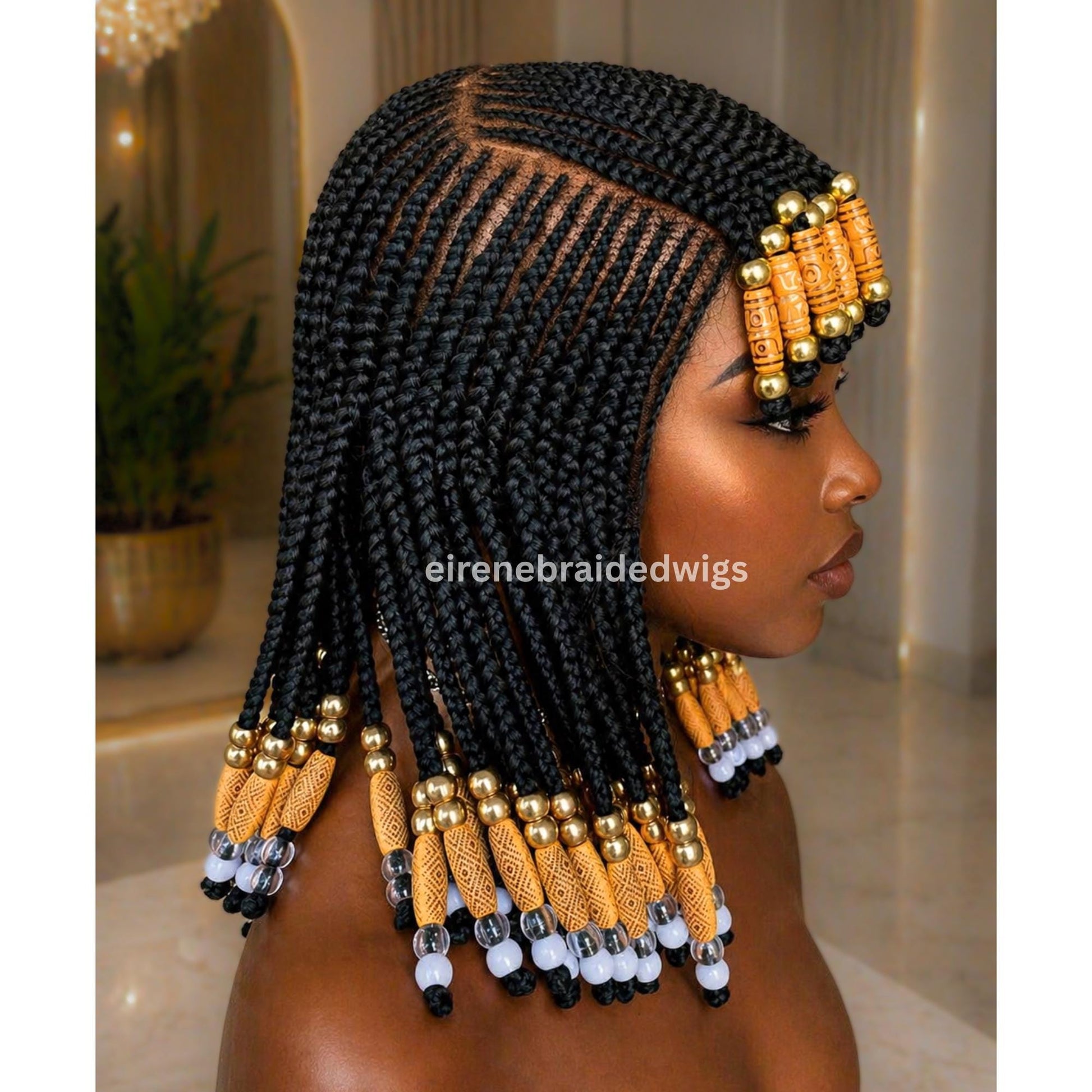 Braided Wigs for Black Women Beaded Braided Wig with Bangs – 14-inch Bob – Lace Frontal – product image 4