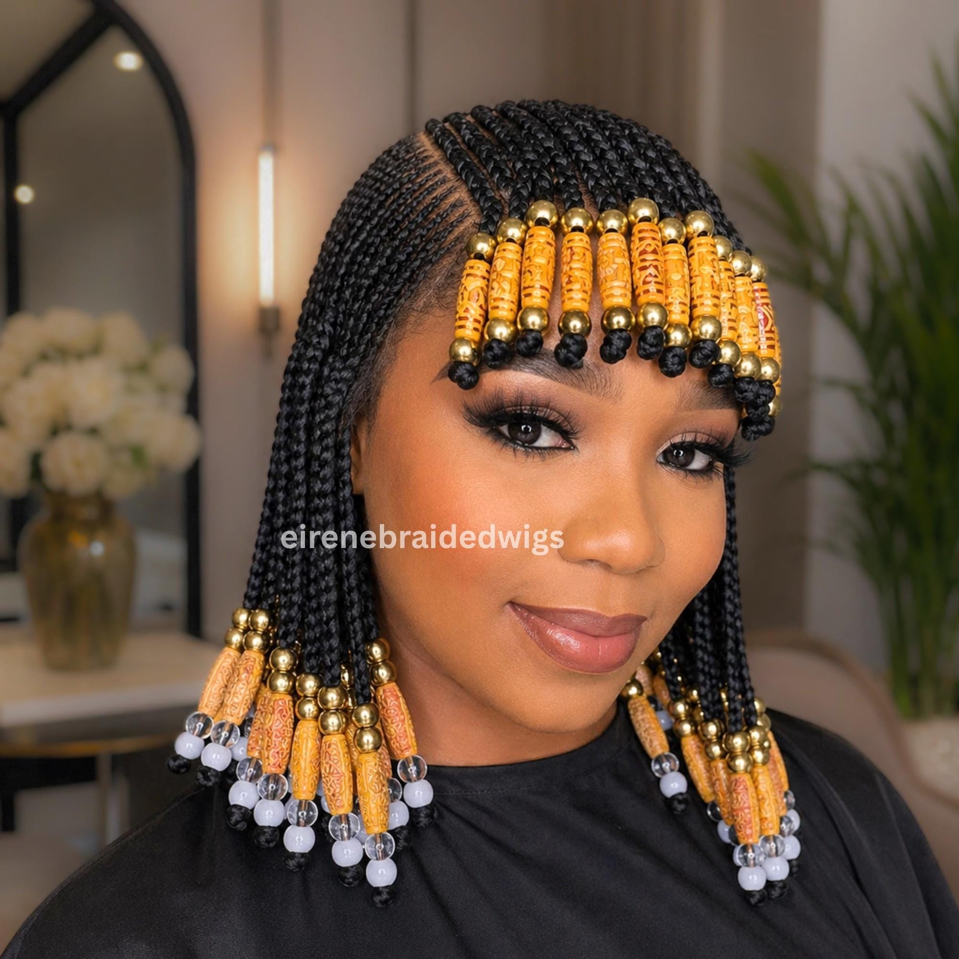 Braided Wigs for Black Women Beaded Braided Wig with Bangs – 14-inch Bob – Lace Frontal – product image 1