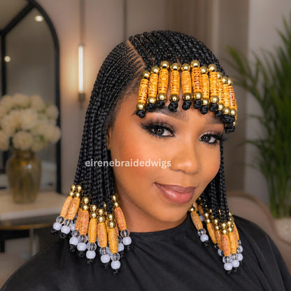 Braided Wigs for Black Women Beaded Braided Wig with Bangs – 14-inch Bob – Lace Frontal – product image 1