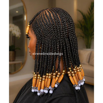 Braided Wigs for Black Women Beaded Braided Wig with Bangs – 14-inch Bob – Lace Frontal – product image 3