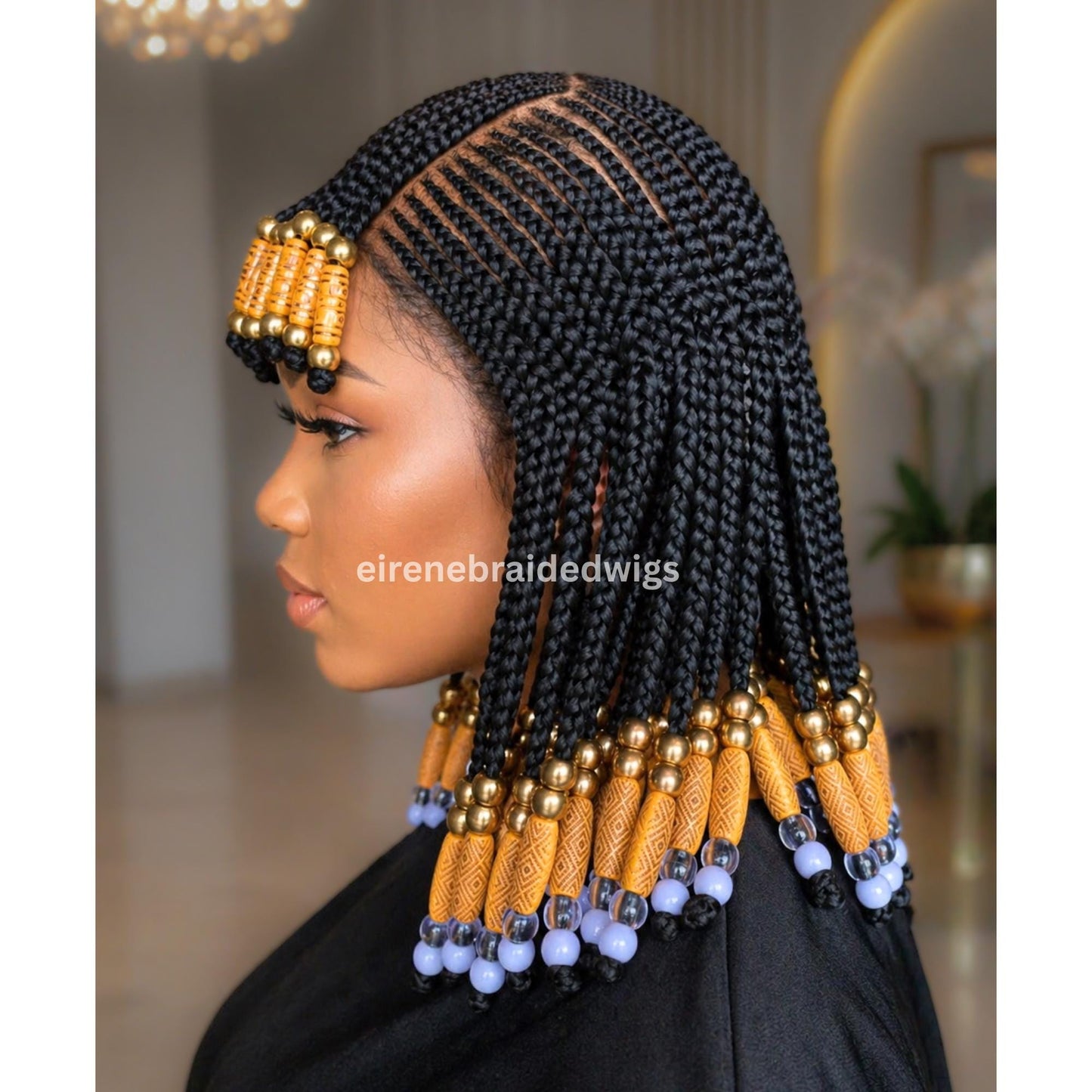 Braided Wigs for Black Women Beaded Braided Wig with Bangs – 14-inch Bob – Lace Frontal – product image 3