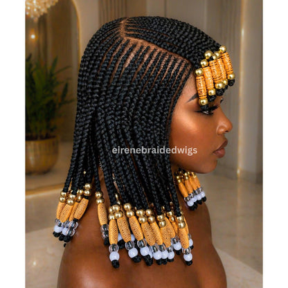 Braided Wigs for Black Women Beaded Braided Wig with Bangs – 14-inch Bob – Lace Frontal – product image 5