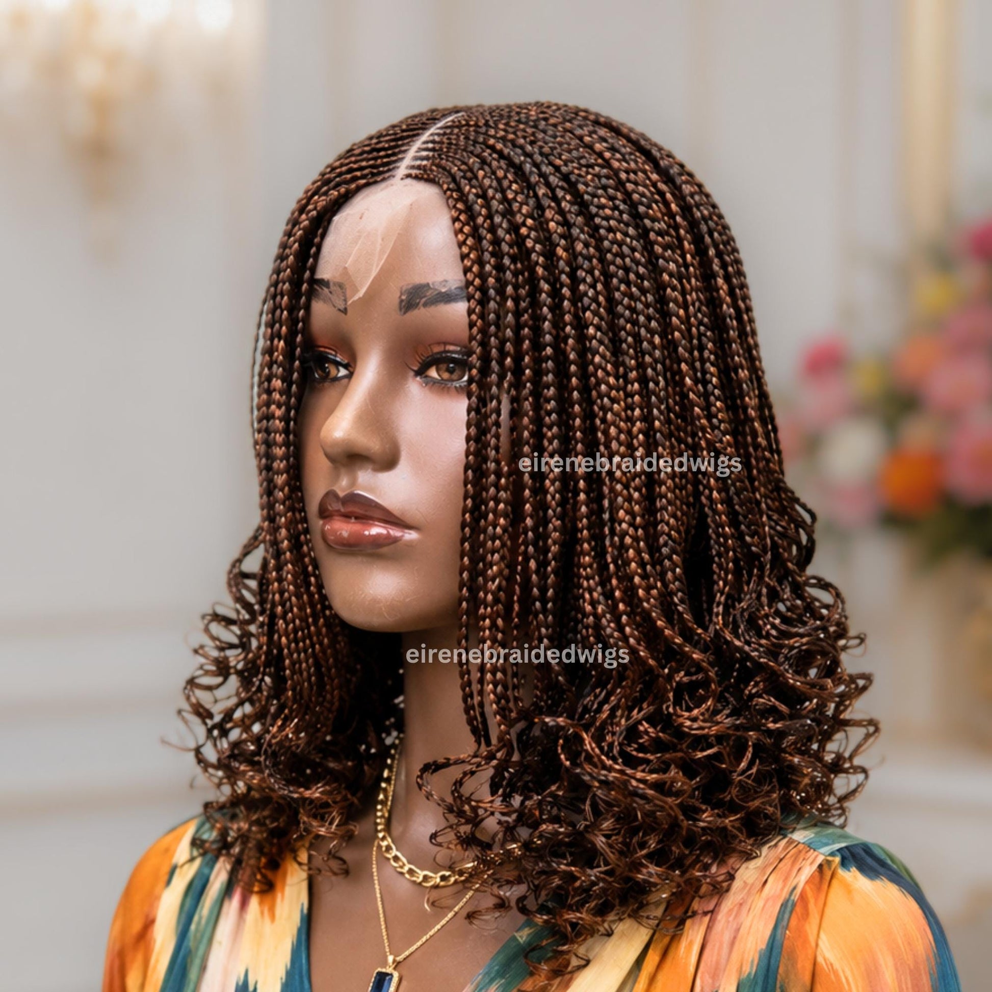 Braided Wig for Black Women – Brown Curly Short Bob Lace Closure Braids Wig – Fulani Cornrow Full Density Black Curly Cig – product image 5