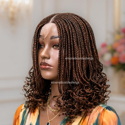 Braided Wig for Black Women – Brown Curly Short Bob Lace Closure Braids Wig – Fulani Cornrow Full Density Black Curly Cig – product image 5