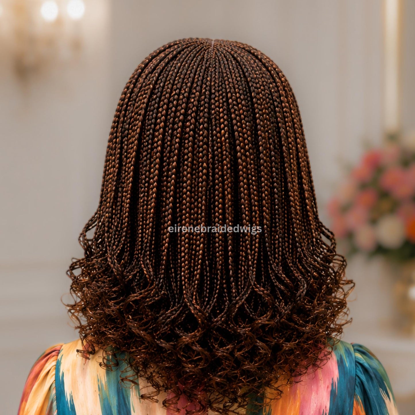 Braided Wig for Black Women – Brown Curly Short Bob Lace Closure Braids Wig – Fulani Cornrow Full Density Black Curly Cig – product image 7