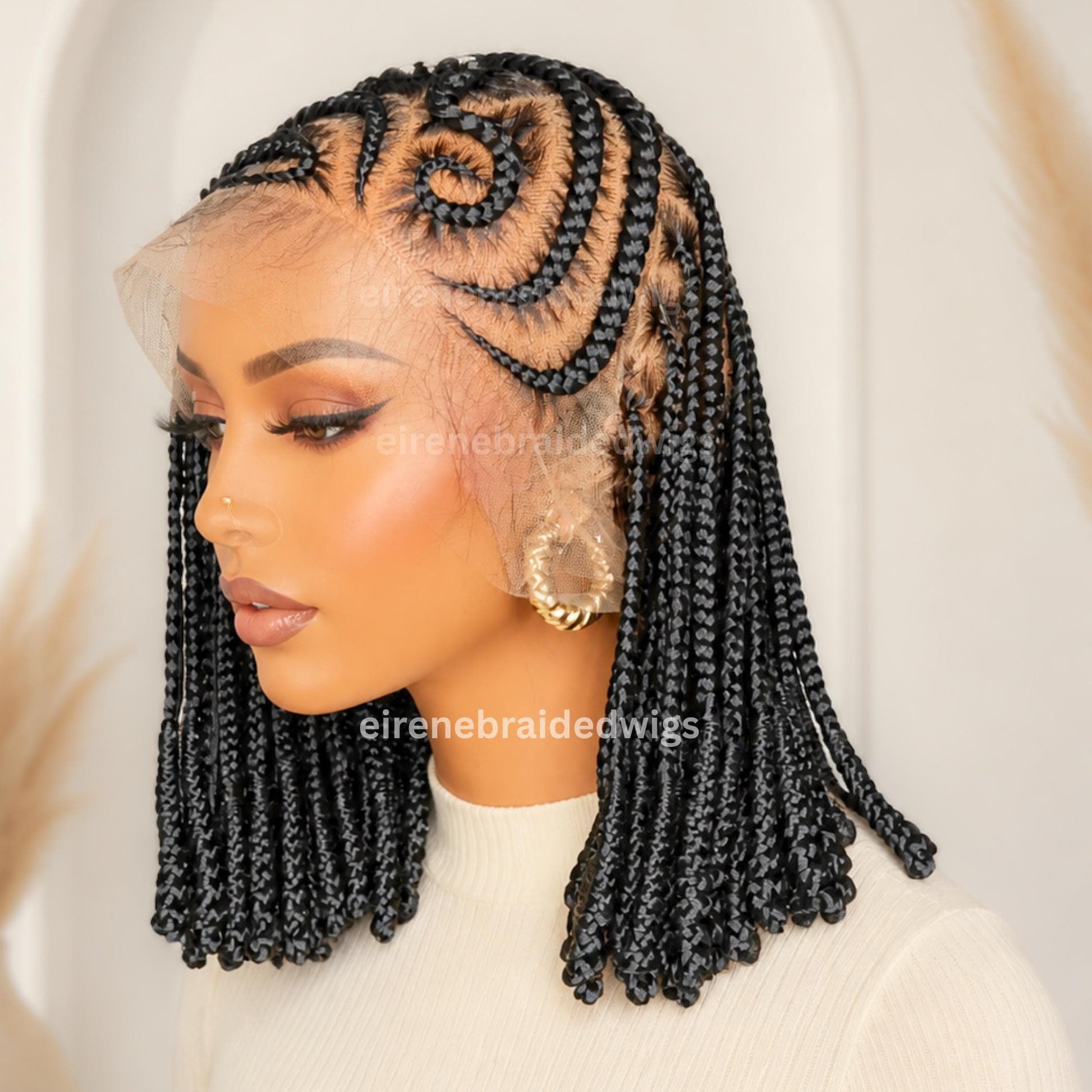 Bantu Knots Short Bob Cornrow Braided Wigs for Black Women – Fulani Ghana Weaving Lace Frontal 14inch wig – product image 1