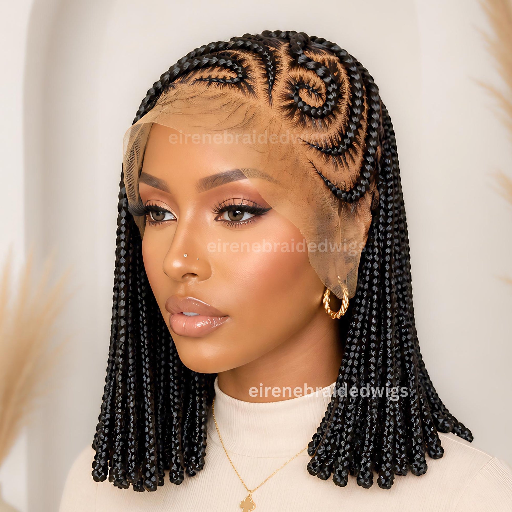 Bantu Knots Short Bob Cornrow Braided Wigs for Black Women – Fulani Ghana Weaving Lace Frontal 14inch wig – product image 2