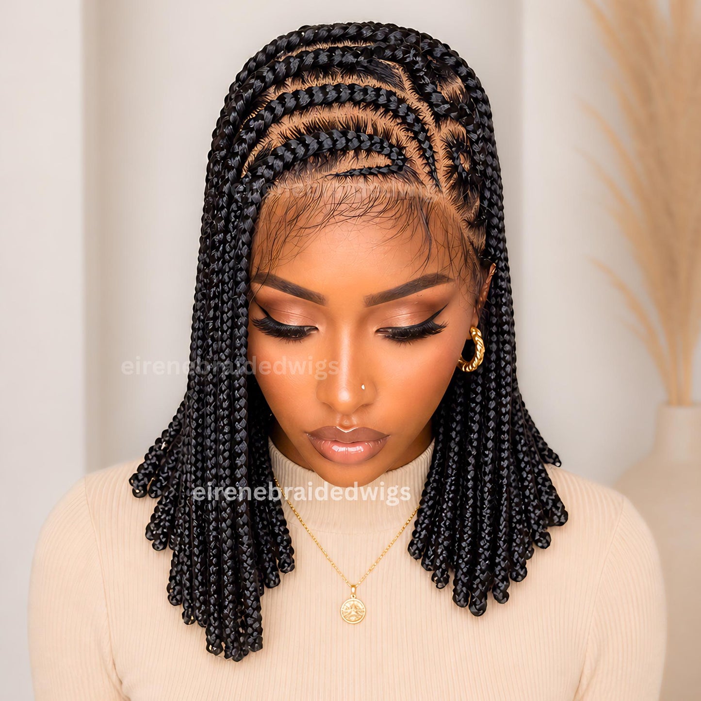 Bantu Knots Short Bob Cornrow Braided Wigs for Black Women – Fulani Ghana Weaving Lace Frontal 14inch wig – product image 4