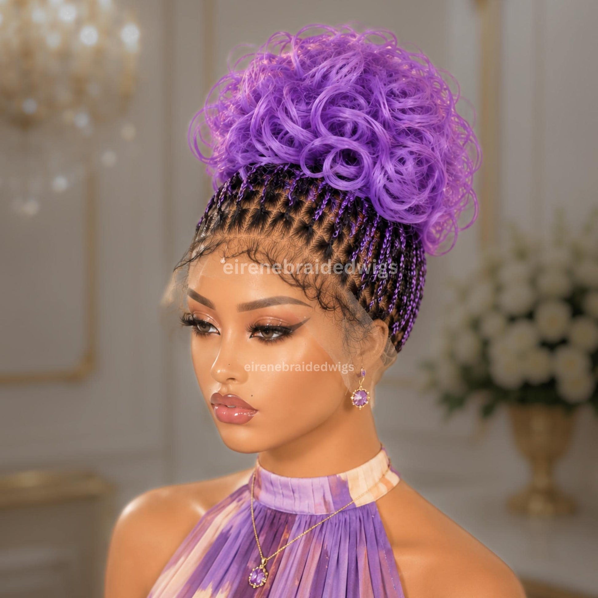 Braided Wigs for Black Women – Spanish Curls Braided Wig – Nano Twist Human Hair Lace Front – Purple – Lilac – Lavender – product image 2