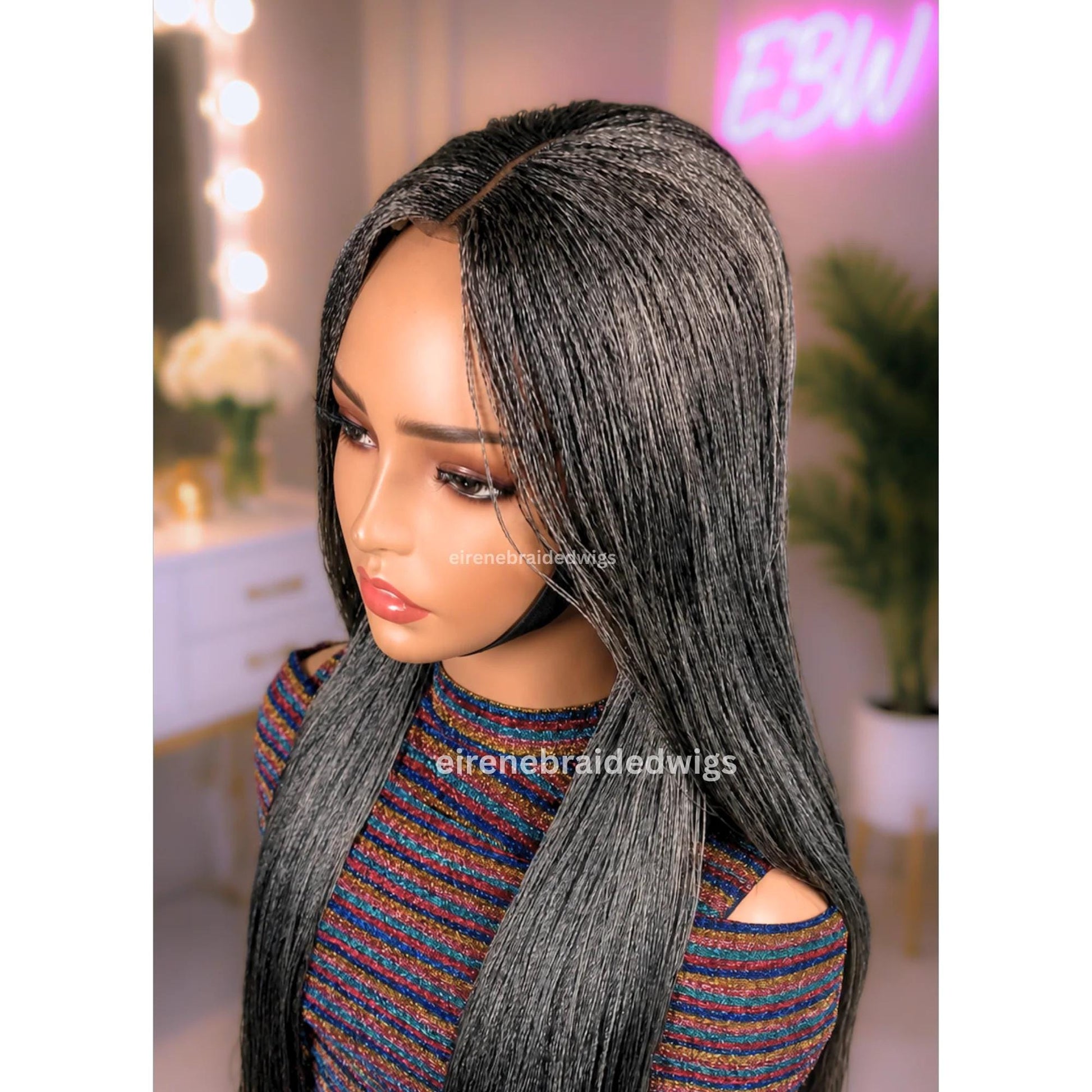 30 inch Twist Human Hair Wig – Lace Closure Nano Braids – Silver / Black/Grey / Salt add Pepper Million Braids – product image 1