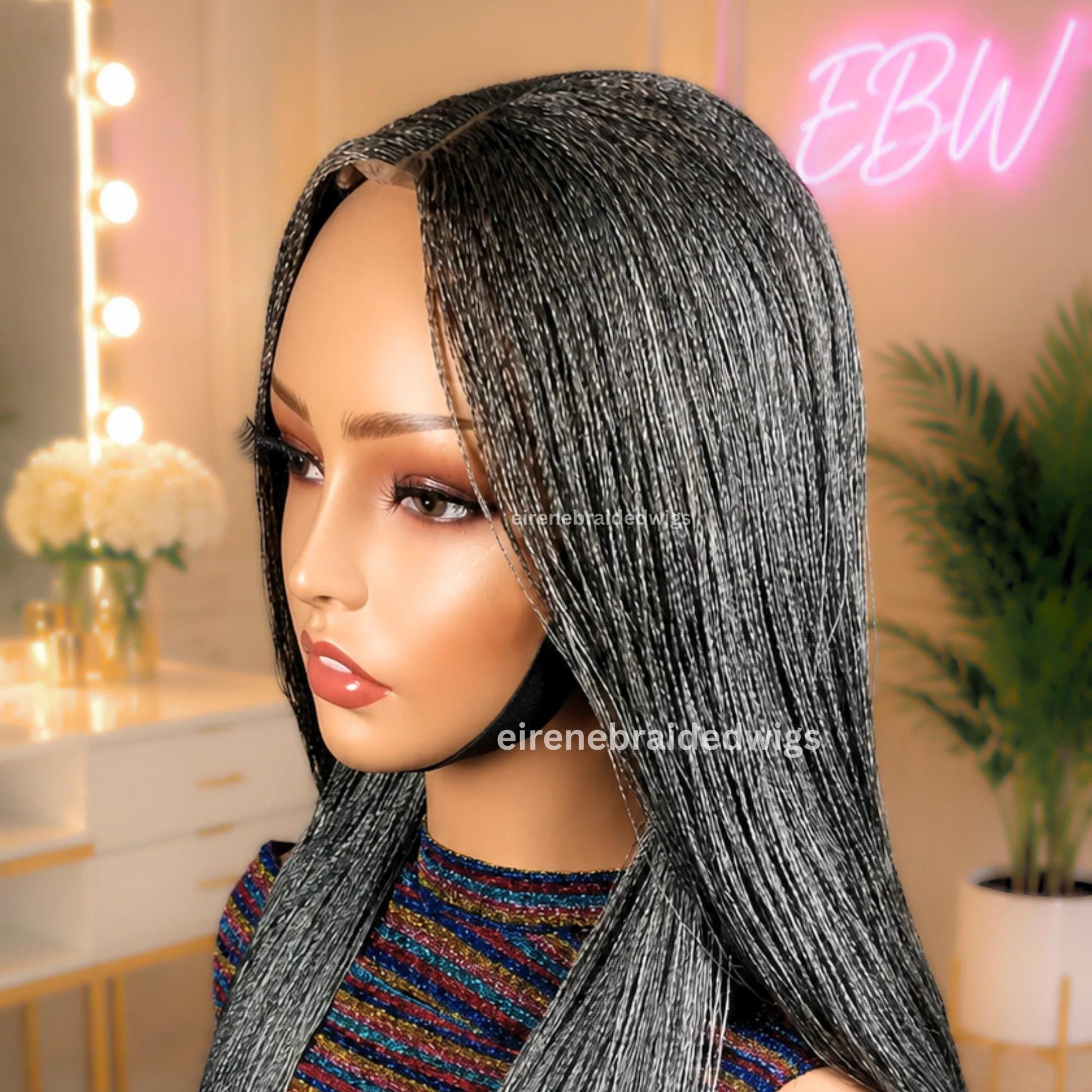 30 inch Twist Human Hair Wig – Lace Closure Nano Braids – Silver / Black/Grey / Salt add Pepper Million Braids – product image 8