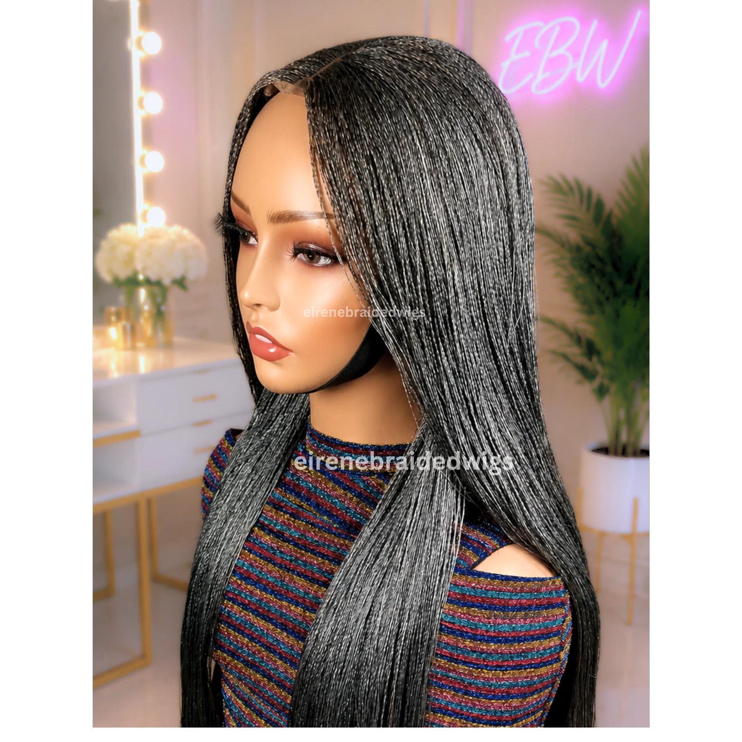 30 inch Twist Human Hair Wig – Lace Closure Nano Braids – Silver / Black/Grey / Salt add Pepper Million Braids – product image 9