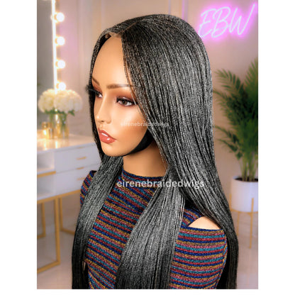 30 inch Twist Human Hair Wig – Lace Closure Nano Braids – Silver / Black/Grey / Salt add Pepper Million Braids – product image 9