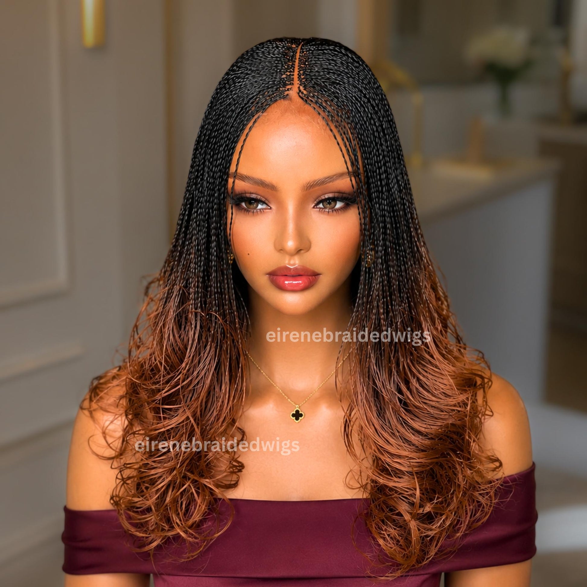 Braided Wigs for Black Women – Knotless Braid Wig – Ombre Spanish Curls – French Nano Twist – Human Hair Lace Closure – product image 2