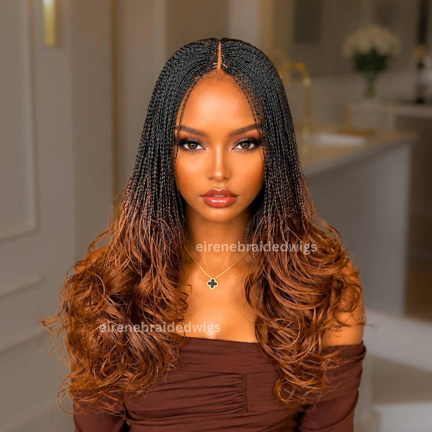 Braided Wigs for Black Women – Knotless Braid Wig – Ombre Spanish Curls – French Nano Twist – Human Hair Lace Closure – product image 4