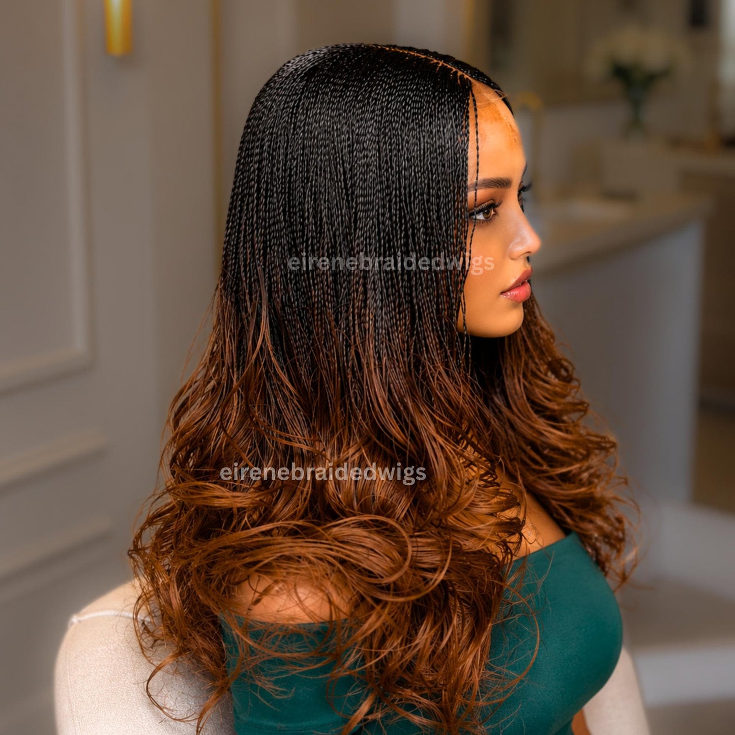 Braided Wigs for Black Women – Knotless Braid Wig – Ombre Spanish Curls – French Nano Twist – Human Hair Lace Closure – product image 1