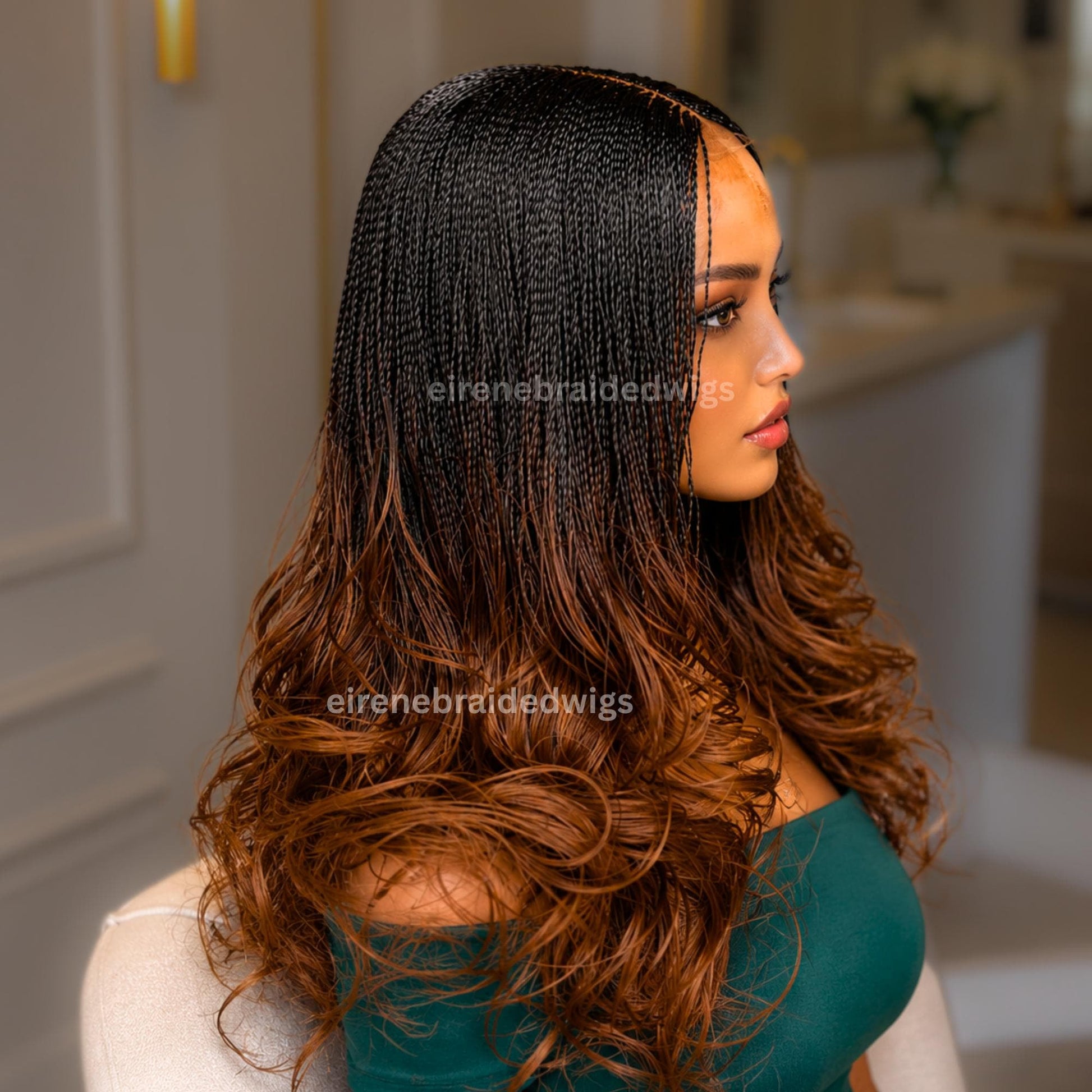 Braided Wigs for Black Women – Knotless Braid Wig – Ombre Spanish Curls – French Nano Twist – Human Hair Lace Closure – product image 1