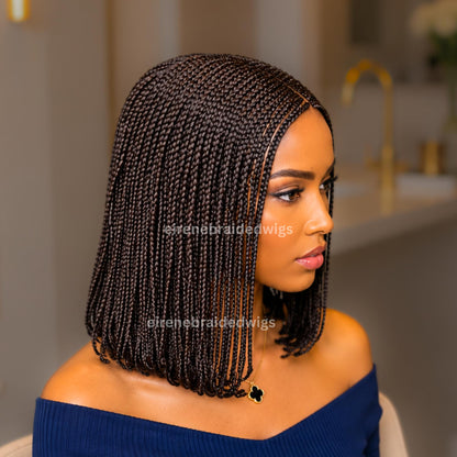 Bob Cornrow braided wig for Black Women – Brown Curly human hair lace-frontal african tribal light-weight side-parting 14-inch – product image 2
