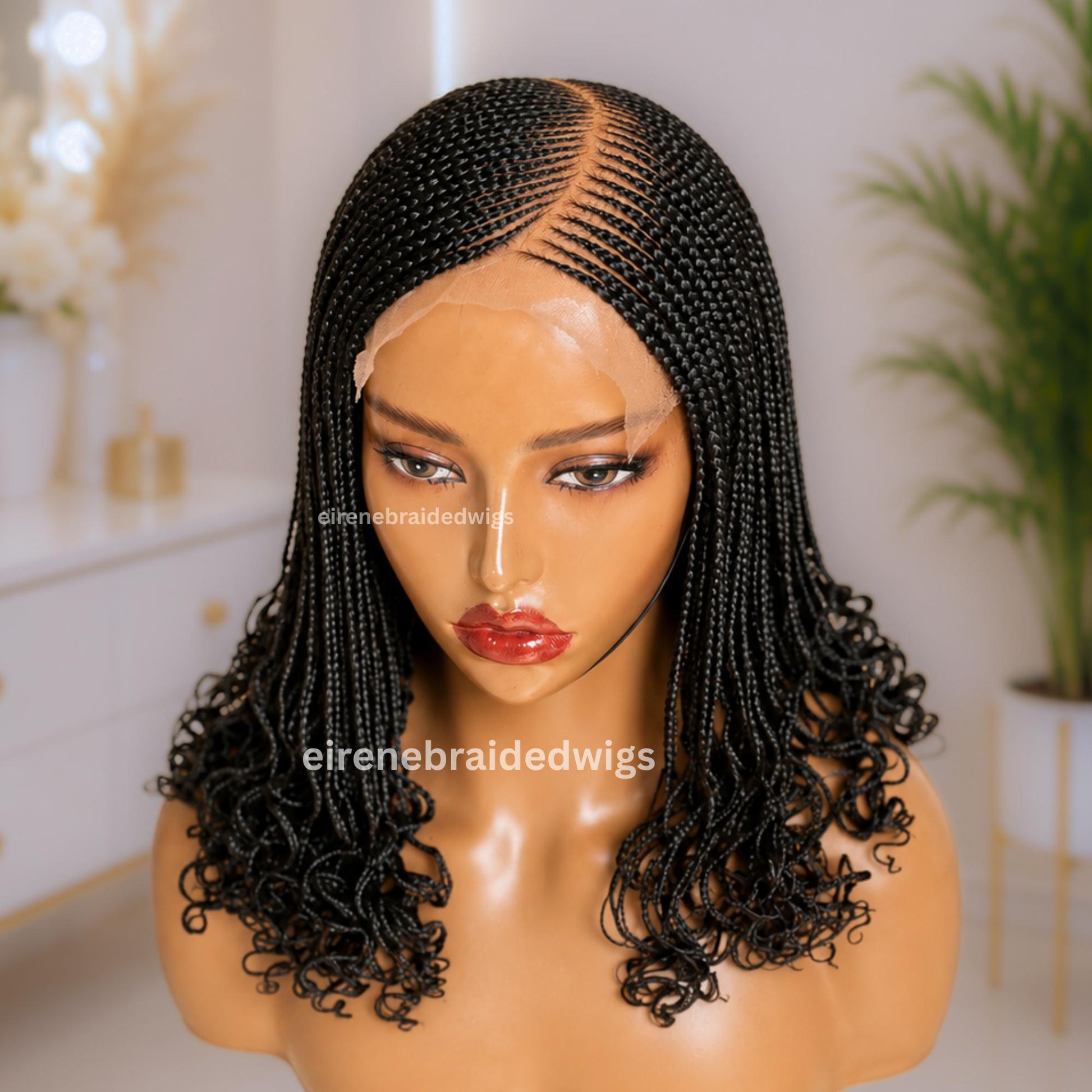 Braided Wig for Black Women – Black Curly Curved Lace Closure Cornrow Wig – product image 2