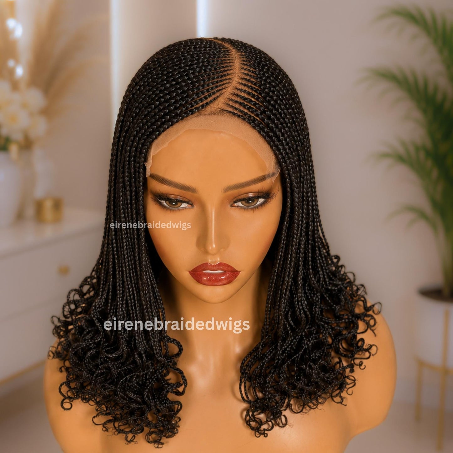 Braided Wig for Black Women – Black Curly Curved Lace Closure Cornrow Wig – product image 3