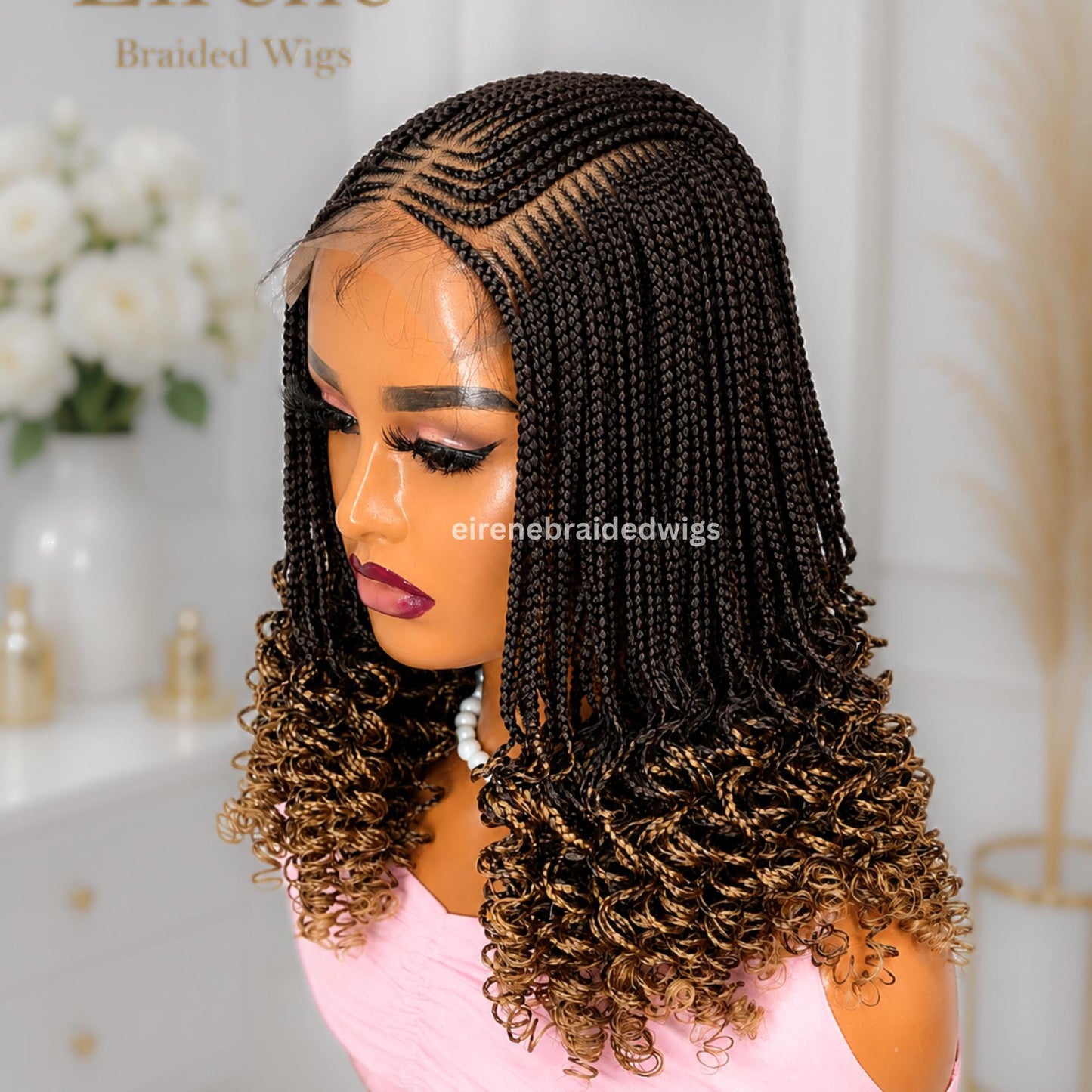 Curly short bob cornrow braided wig for Black Women – glueless centre-part boho curls light-weight lace front baby hair single box – product image 2