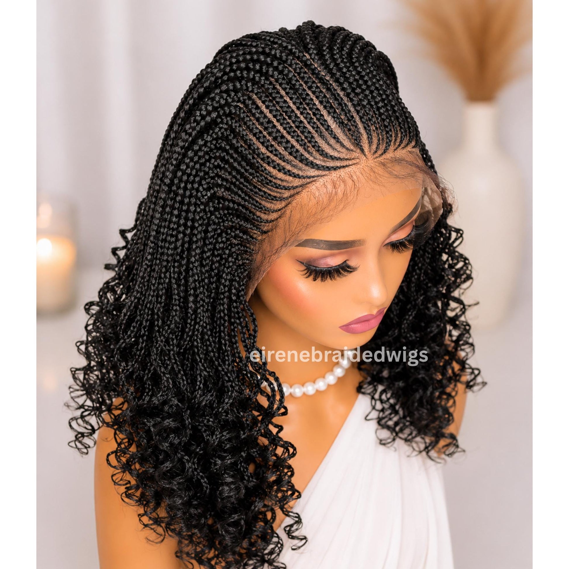 Braided Wig for Black Women – Curly Short Bob Lace Frontal Braids Wig – Fulani Cornrow Full Density Black Curly Wig – product image 4