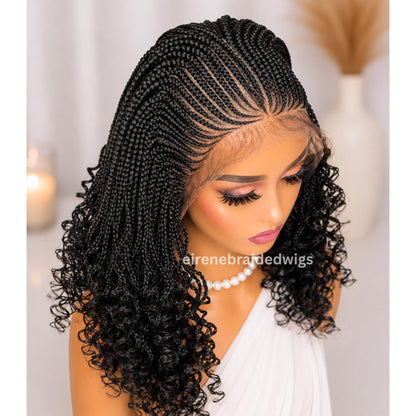 Braided Wig for Black Women – Curly Short Bob Lace Frontal Braids Wig – Fulani Cornrow Full Density Black Curly Wig – product image 4