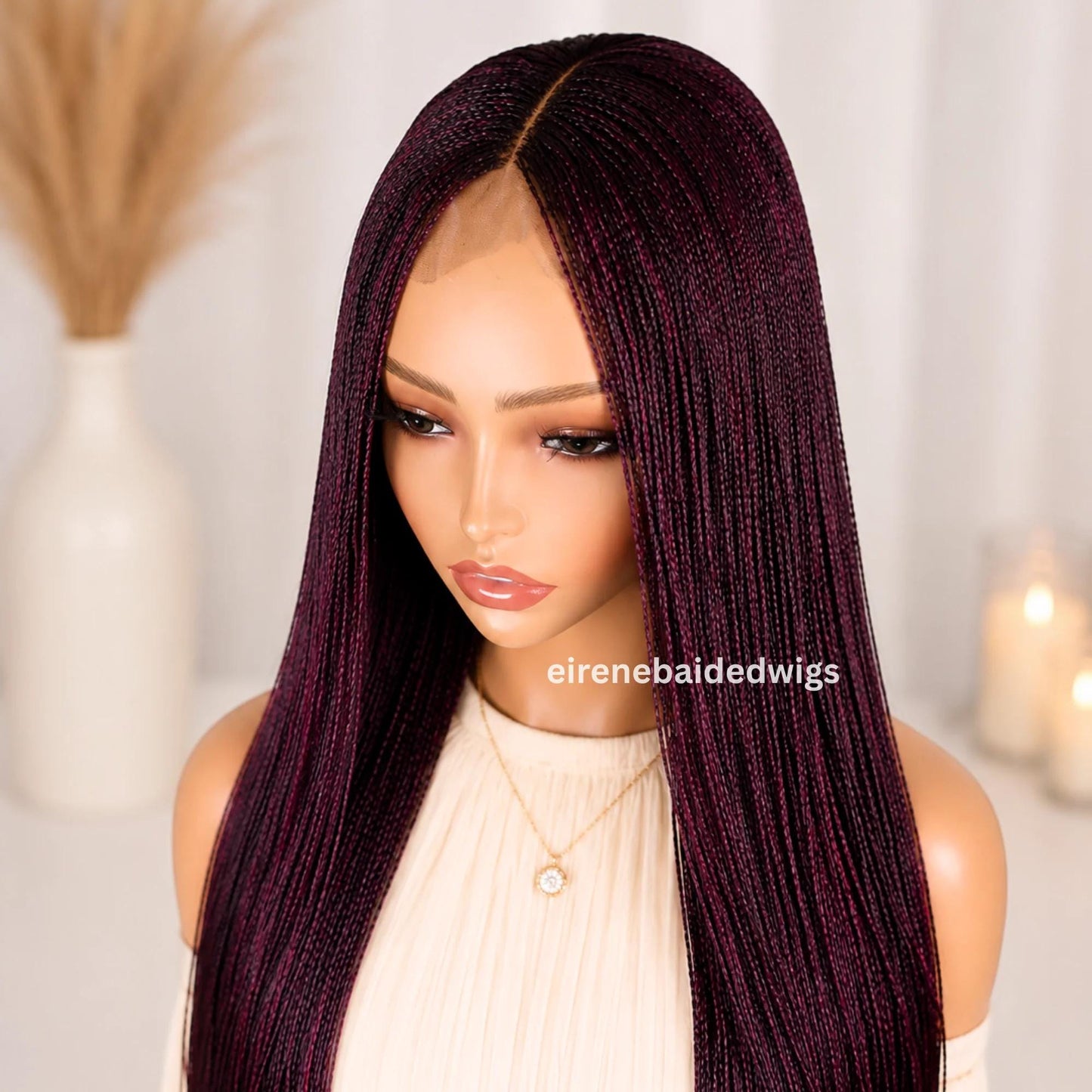 Braided Wigs for Black Women 28 Inch Micro Twist Wig – Human Hair Lace Closure – Red Nano Braids – product image 6