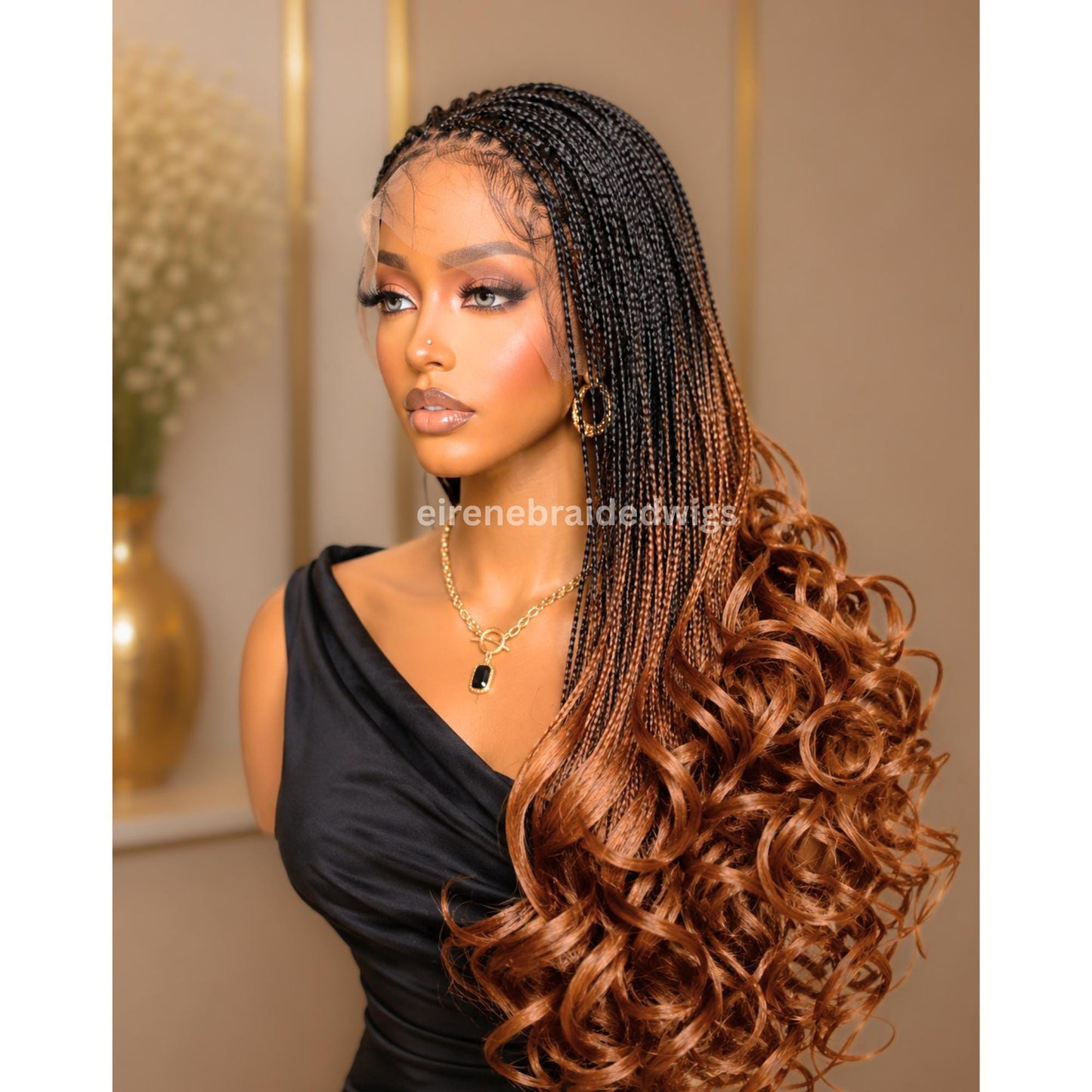 Braided Wigs for Black Women – Knotless Braid Wig – Ombre Spanish Curls – French Nano Twist – Human Hair Lace Closure – product image 2